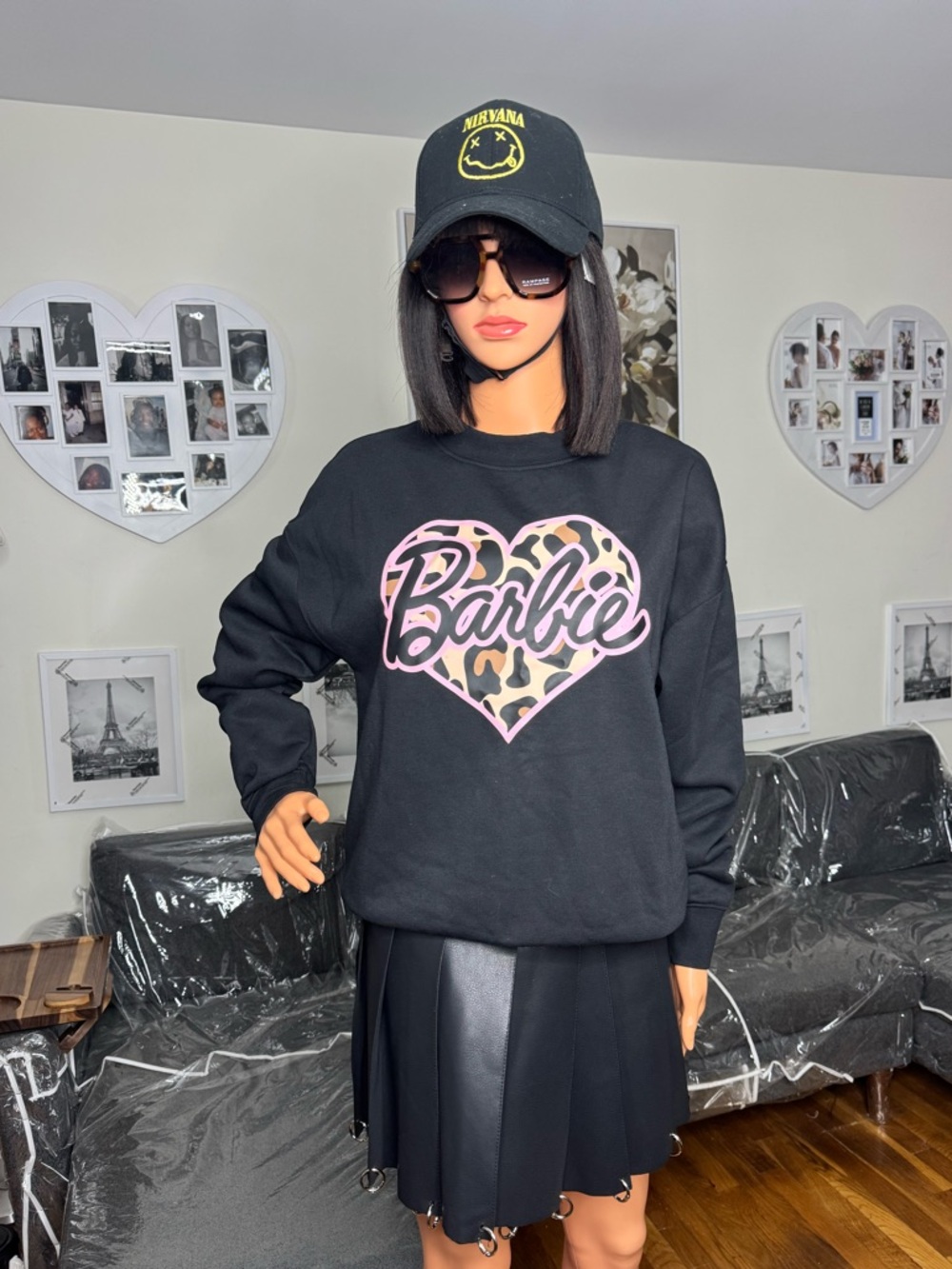 Barbie Black Crewneck Sweatshirt Leopard Heart Graphic Cozy Casual NWT